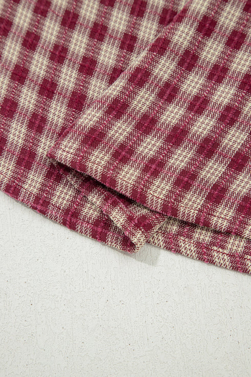 Country Plaid Keyhole Pleated Button Detail Long Sleeve Blouse