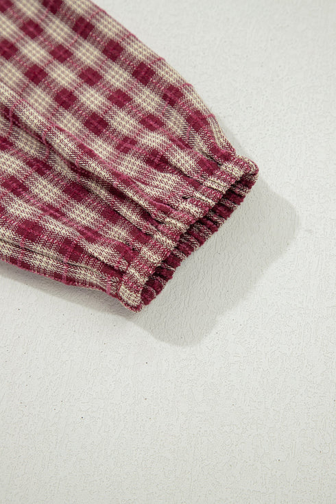 Country Plaid Keyhole Pleated Button Detail Long Sleeve Blouse