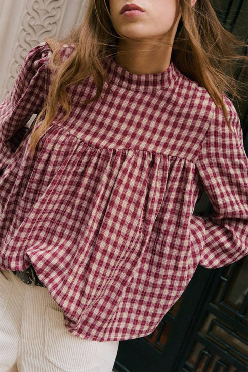 Country Plaid Keyhole Pleated Button Detail Long Sleeve Blouse