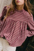 Country Plaid Keyhole Pleated Button Detail Long Sleeve Blouse