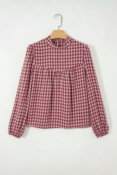 Country Plaid Keyhole Pleated Button Detail Long Sleeve Blouse