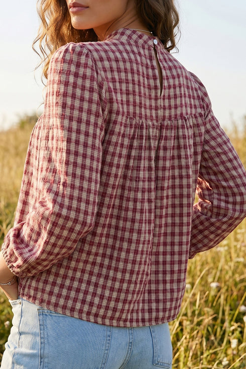 Country Plaid Keyhole Pleated Button Detail Long Sleeve Blouse