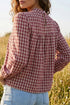 Country Plaid Keyhole Pleated Button Detail Long Sleeve Blouse