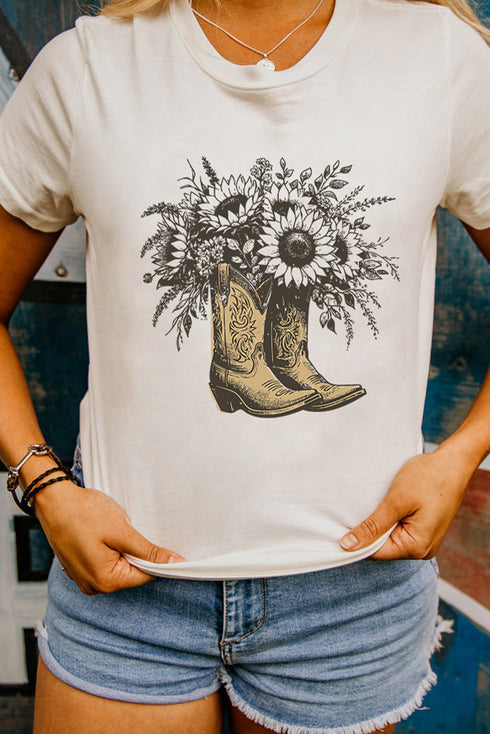 Country Sunshine Sunflower Floral Cowboy Boot Graphic Tee
