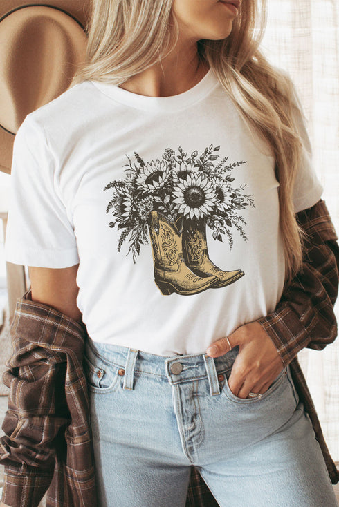 Country Sunshine Sunflower Floral Cowboy Boot Graphic Tee