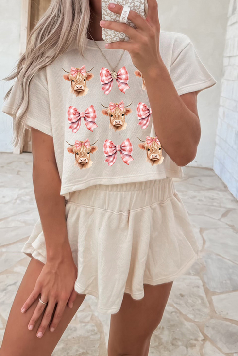 Cow Graphic Bow Detail Cropped Tee Skort Set