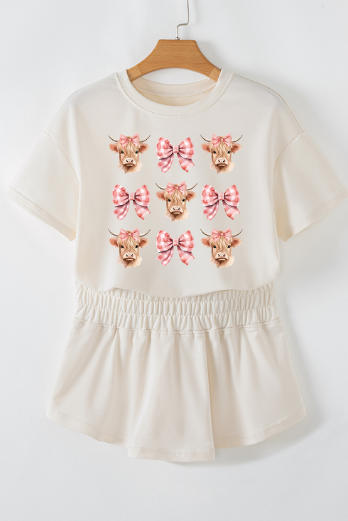 Cow Graphic Bow Detail Cropped Tee Skort Set