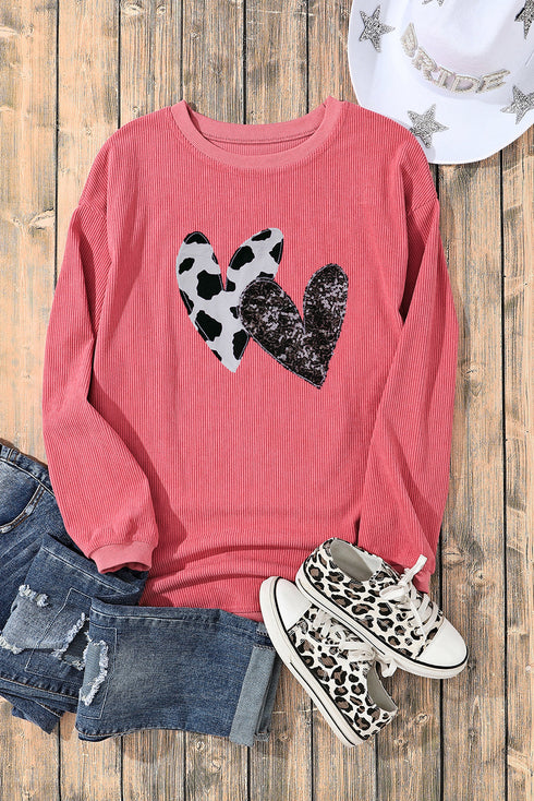 Cow Print And Sequin Heart Corded Crew Neck Sweatshirt