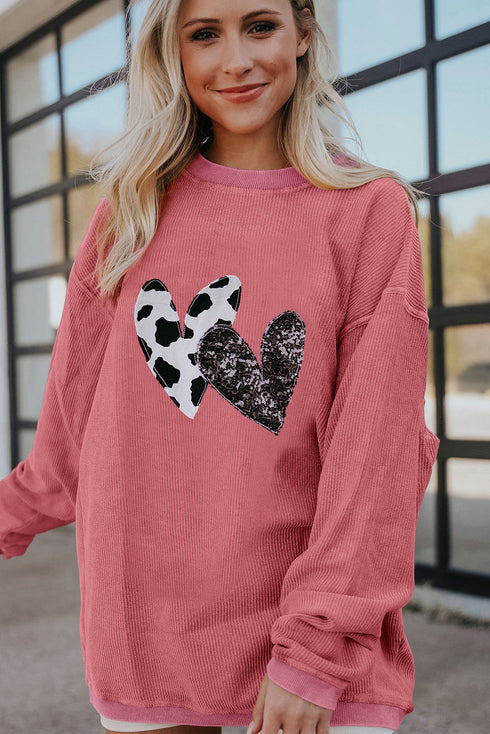 Cow Print And Sequin Heart Corded Crew Neck Sweatshirt