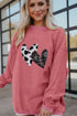 Cow Print And Sequin Heart Corded Crew Neck Sweatshirt
