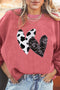 Cow Print And Sequin Heart Corded Crew Neck Sweatshirt