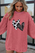 Cow Print And Sequin Heart Corded Crew Neck Sweatshirt