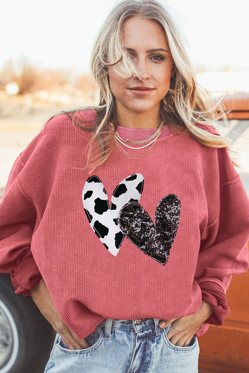 Cow Print And Sequin Heart Corded Crew Neck Sweatshirt