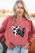 Cow Print And Sequin Heart Corded Crew Neck Sweatshirt