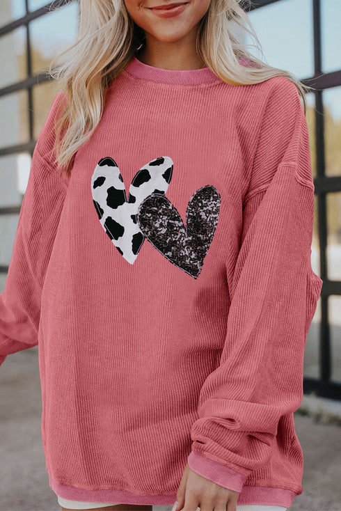 Cow Print And Sequin Heart Corded Crew Neck Sweatshirt