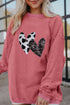 Cow Print And Sequin Heart Corded Crew Neck Sweatshirt