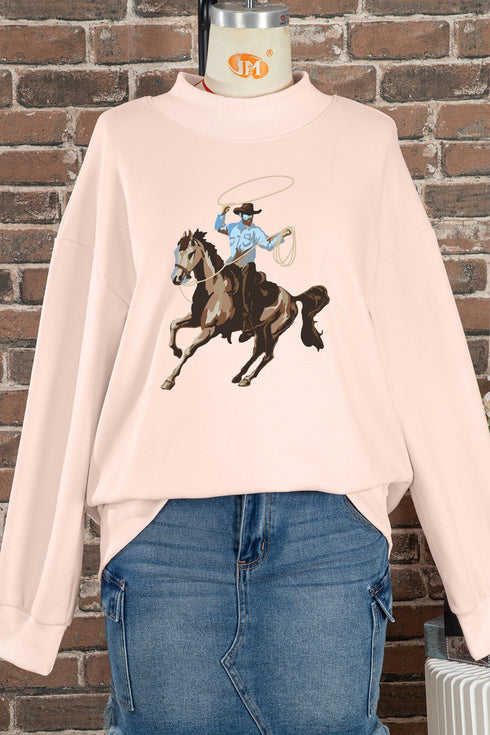Cowboy Rodeo Print Western Mock Neck Sweatshirt