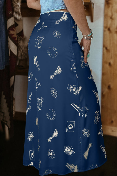 Cowgirl Aesthetic Western Print Satin Maxi Skirt