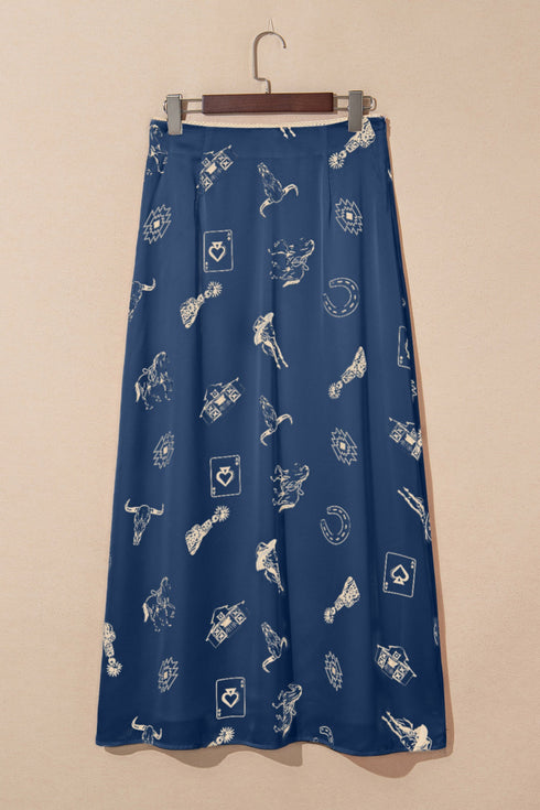Cowgirl Aesthetic Western Print Satin Maxi Skirt