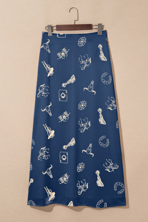 Cowgirl Aesthetic Western Print Satin Maxi Skirt