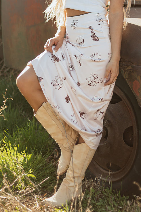 Cowgirl Aesthetic Western Print Satin Maxi Skirt