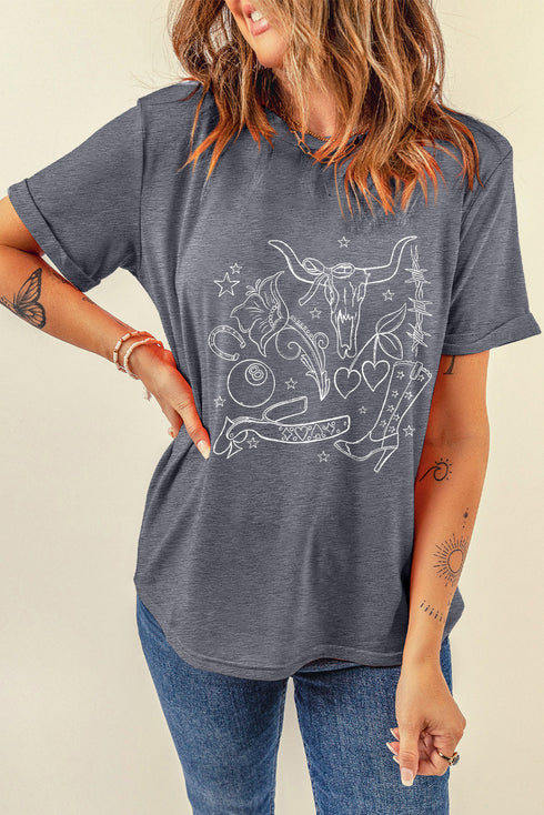 Cowgirl Boots And Ox Head Graphic Print Western Tee