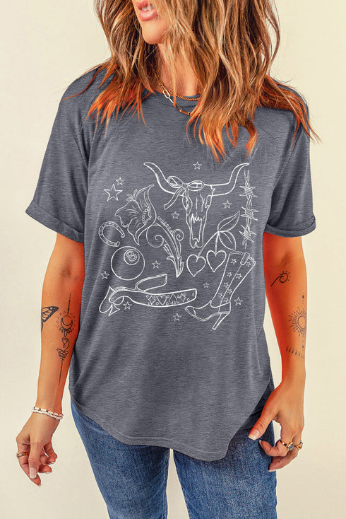 Cowgirl Boots And Ox Head Graphic Print Western Tee