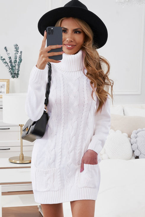 Cowl Neck Cable Knit Sweater Dress