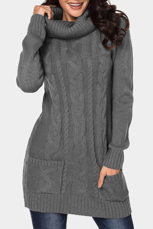 Cowl Neck Cable Knit Sweater Dress
