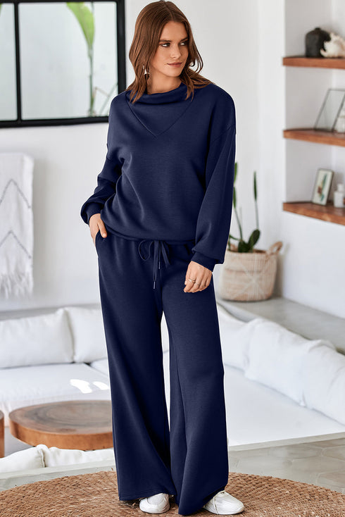 Cowl Neck Drawstring Pullover Wide Leg Athleisure Pant Set