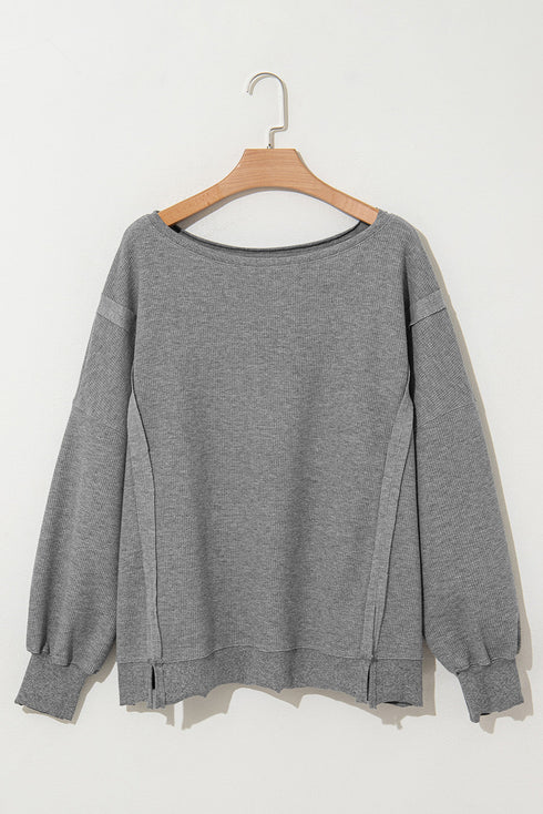 Cozy Chic Waffle Knit Bishop Sleeve Split Oversized Sweatshirt