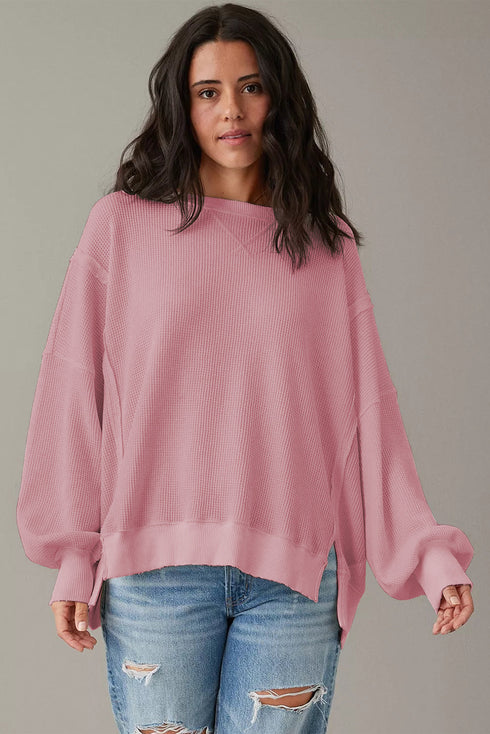 Cozy Chic Waffle Knit Bishop Sleeve Split Oversized Sweatshirt