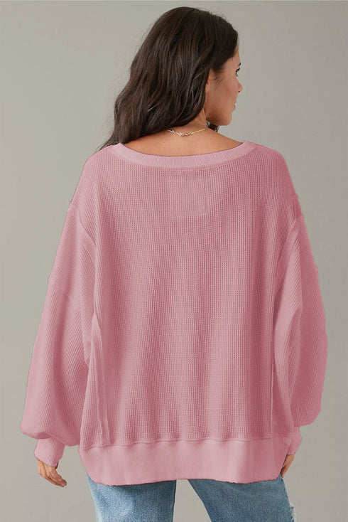 Cozy Chic Waffle Knit Bishop Sleeve Split Oversized Sweatshirt