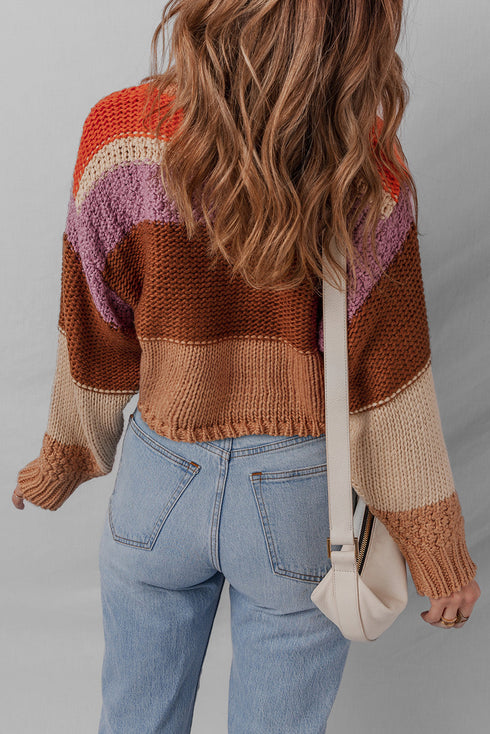 Cozy Chunky Knit Colorblock Stripe Drop Shoulder Cropped Sweater