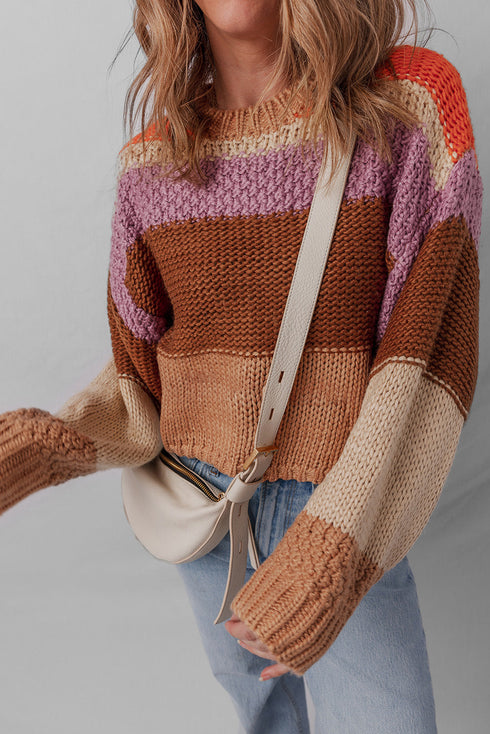 Cozy Chunky Knit Colorblock Stripe Drop Shoulder Cropped Sweater
