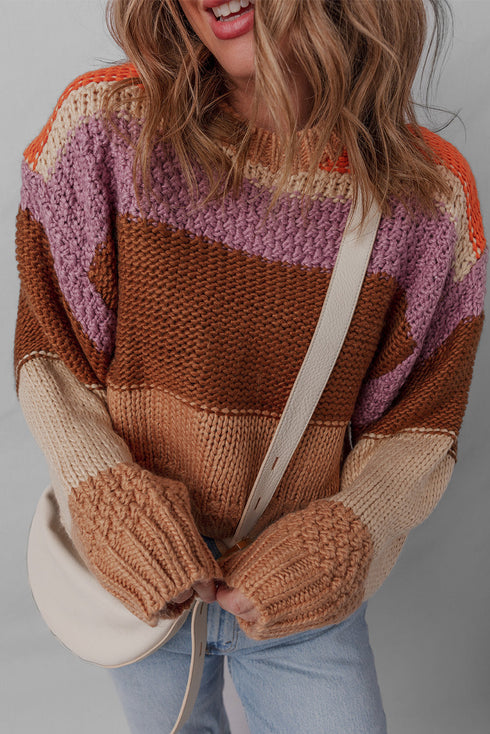 Cozy Chunky Knit Colorblock Stripe Drop Shoulder Cropped Sweater