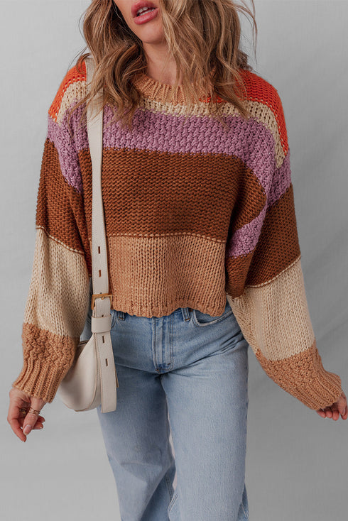 Cozy Chunky Knit Colorblock Stripe Drop Shoulder Cropped Sweater