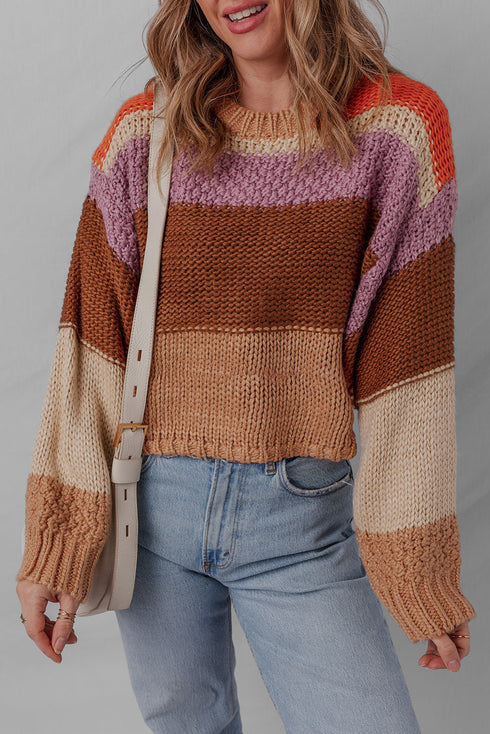 Cozy Chunky Knit Colorblock Stripe Drop Shoulder Cropped Sweater