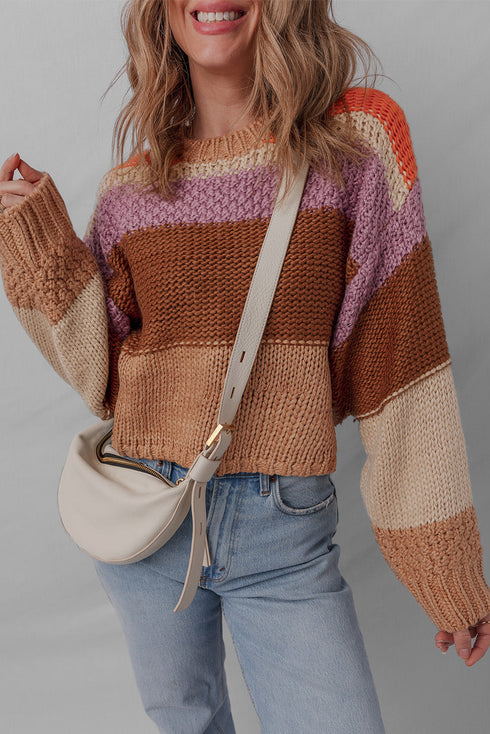 Cozy Chunky Knit Colorblock Stripe Drop Shoulder Cropped Sweater