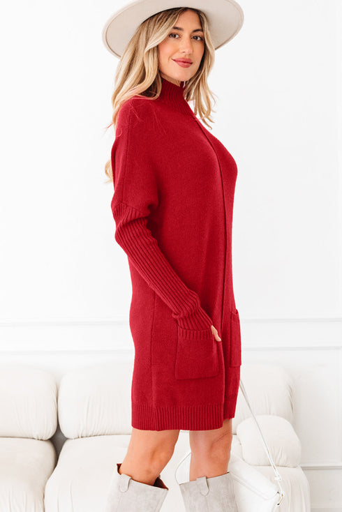 Cozy Mock Neck Ribbed Cuff Pocket Sweater Dress