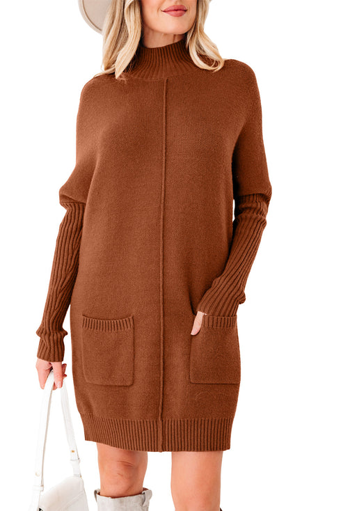 Cozy Mock Neck Ribbed Cuff Pocket Sweater Dress