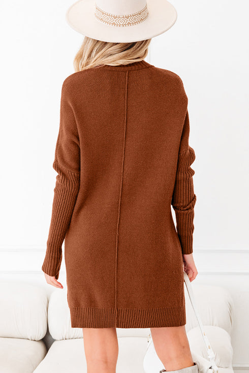 Cozy Mock Neck Ribbed Cuff Pocket Sweater Dress