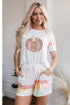Cozy Patchwork Pumpkin Graphic Pastel Striped Pajama Shorts Set