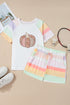 Cozy Patchwork Pumpkin Graphic Pastel Striped Pajama Shorts Set