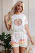 Cozy Patchwork Pumpkin Graphic Pastel Striped Pajama Shorts Set