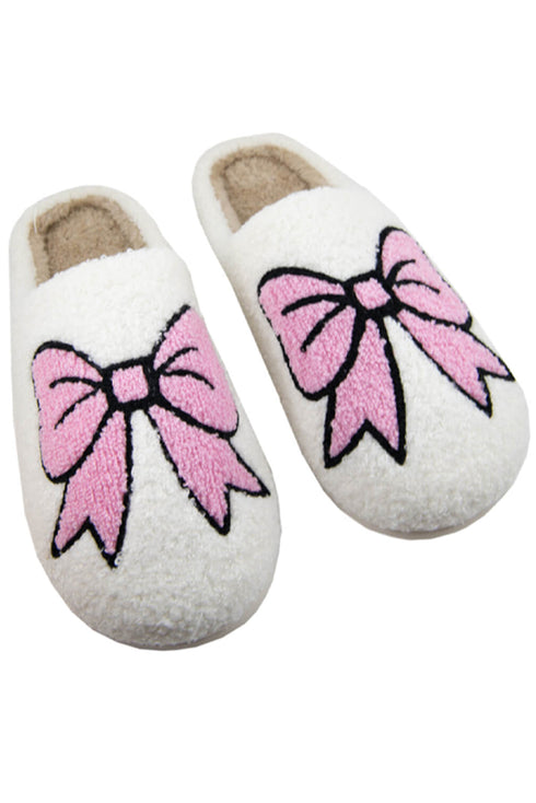 Cozy Plush Bow Patterned Slip On Slippers
