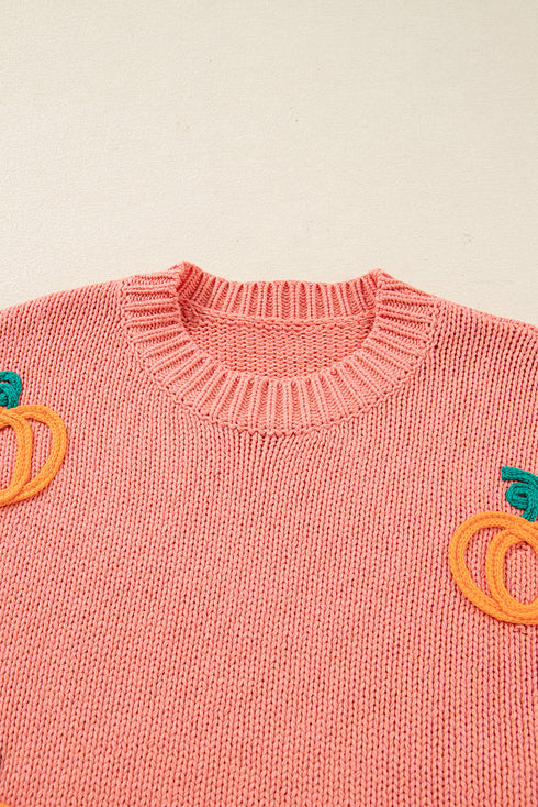 Cozy Pumpkin Motif Drop Shoulder Knit Sweater