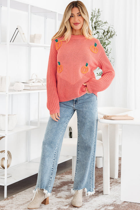 Cozy Pumpkin Motif Drop Shoulder Knit Sweater