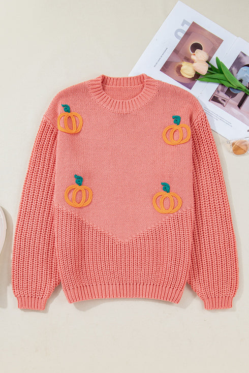 Cozy Pumpkin Motif Drop Shoulder Knit Sweater