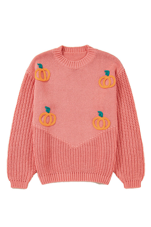 Cozy Pumpkin Motif Drop Shoulder Knit Sweater